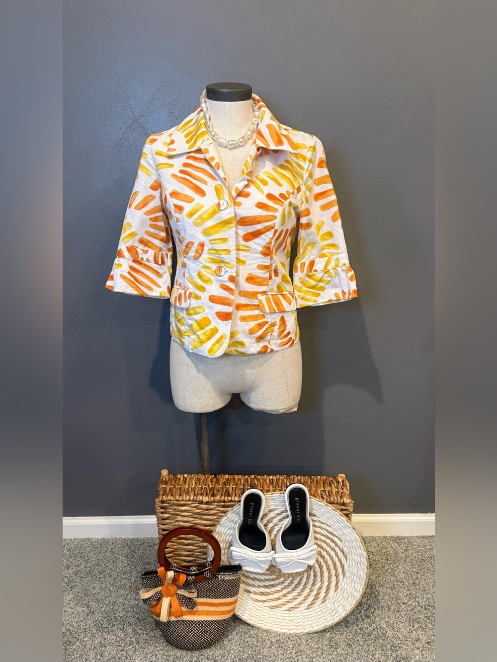 Chico's White Button-Front Blouse with Orange & Yellow Brushstroke Print